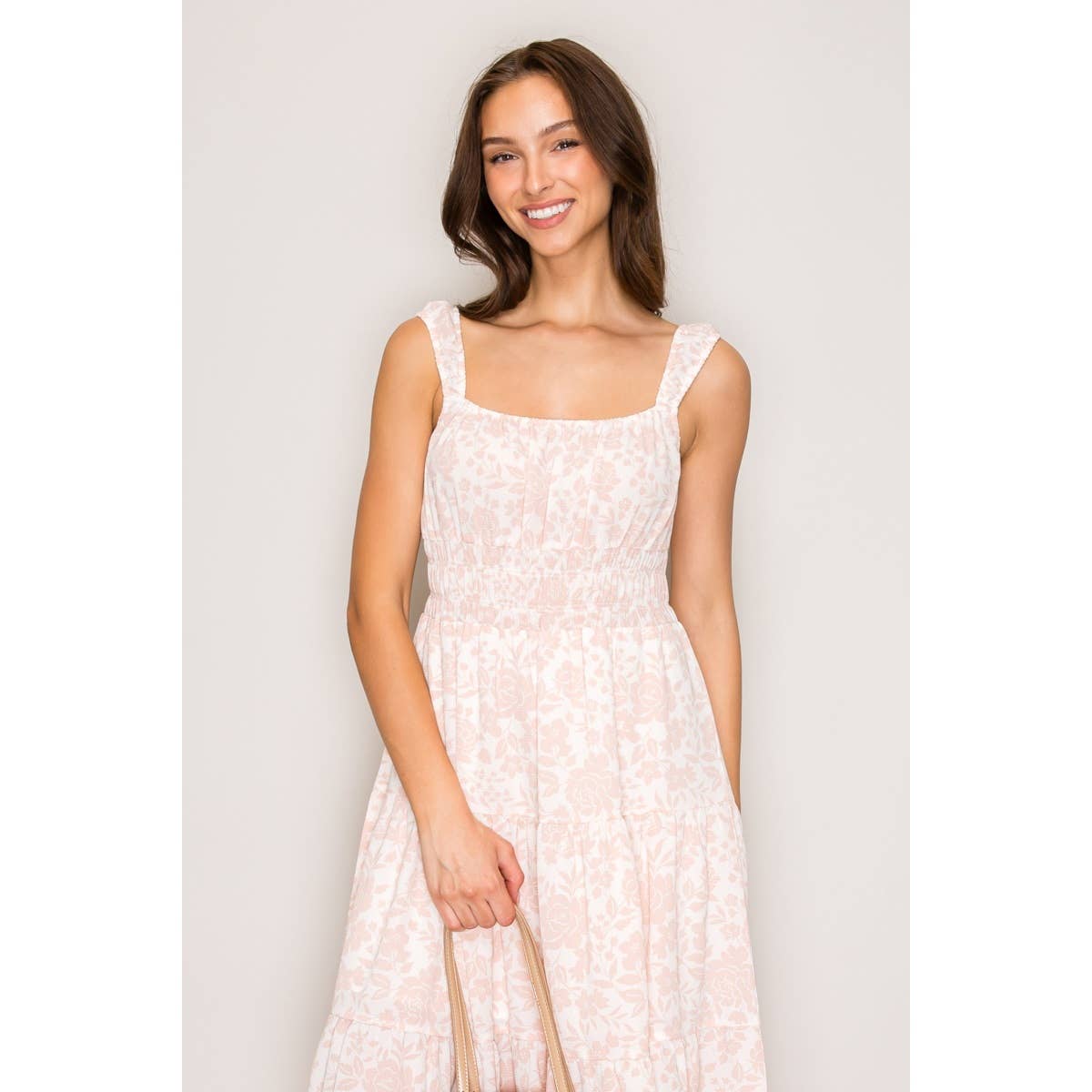Seraphina Tiered Printed Woven Lined Midi Dress Ivory/Pink