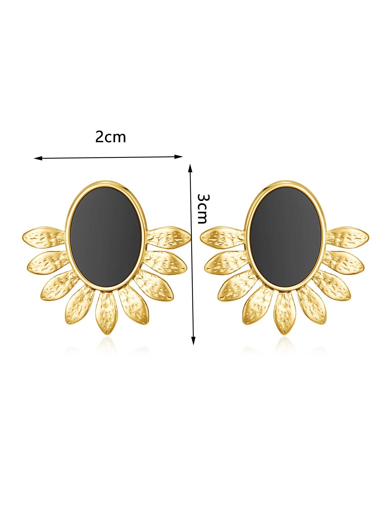 Vintage Gold Textured Sunburst Black Oval Stud Earrings