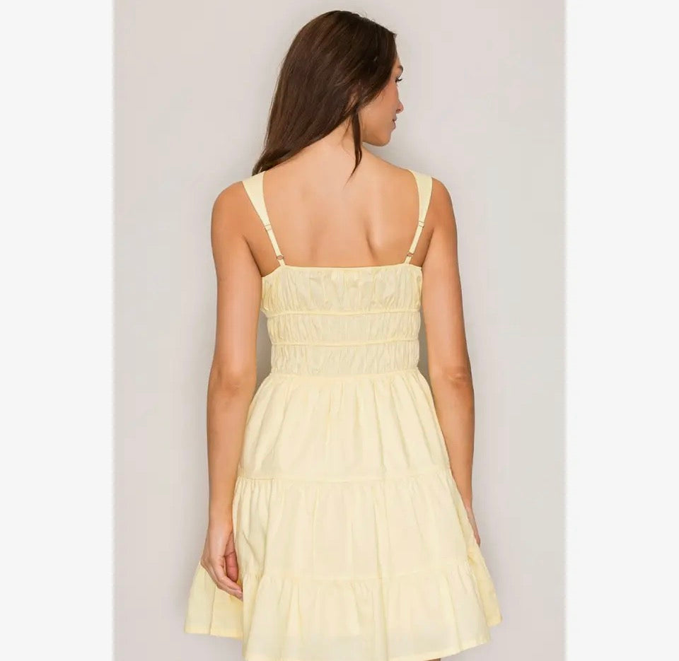 Tie Neck Sleeveless A-Line Ruffle Hem Mini Dress Light Yellow
