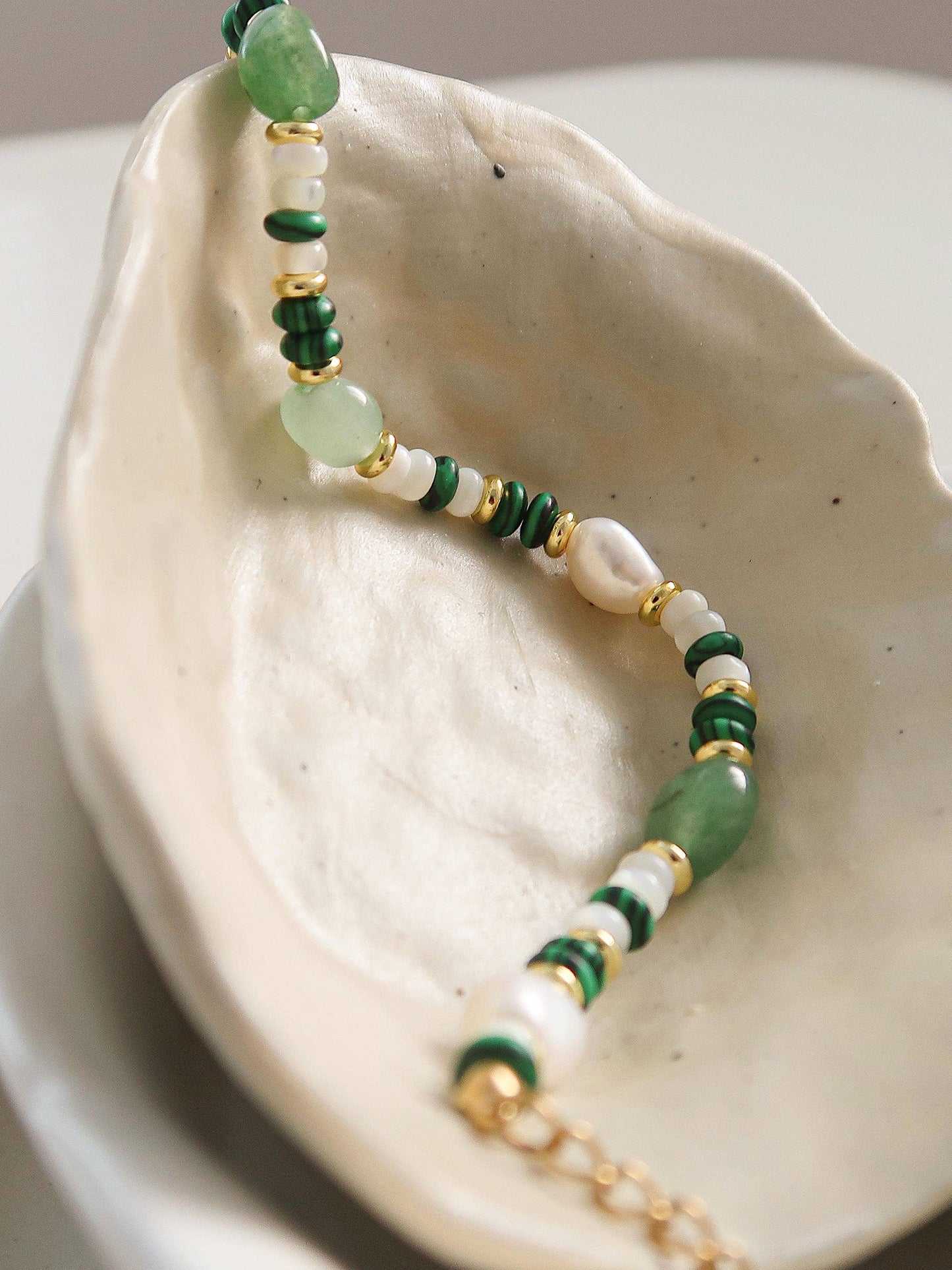 Jade 18K Non-Tarnish Bohemian Stone and Bead Bracelet: Faye-Green