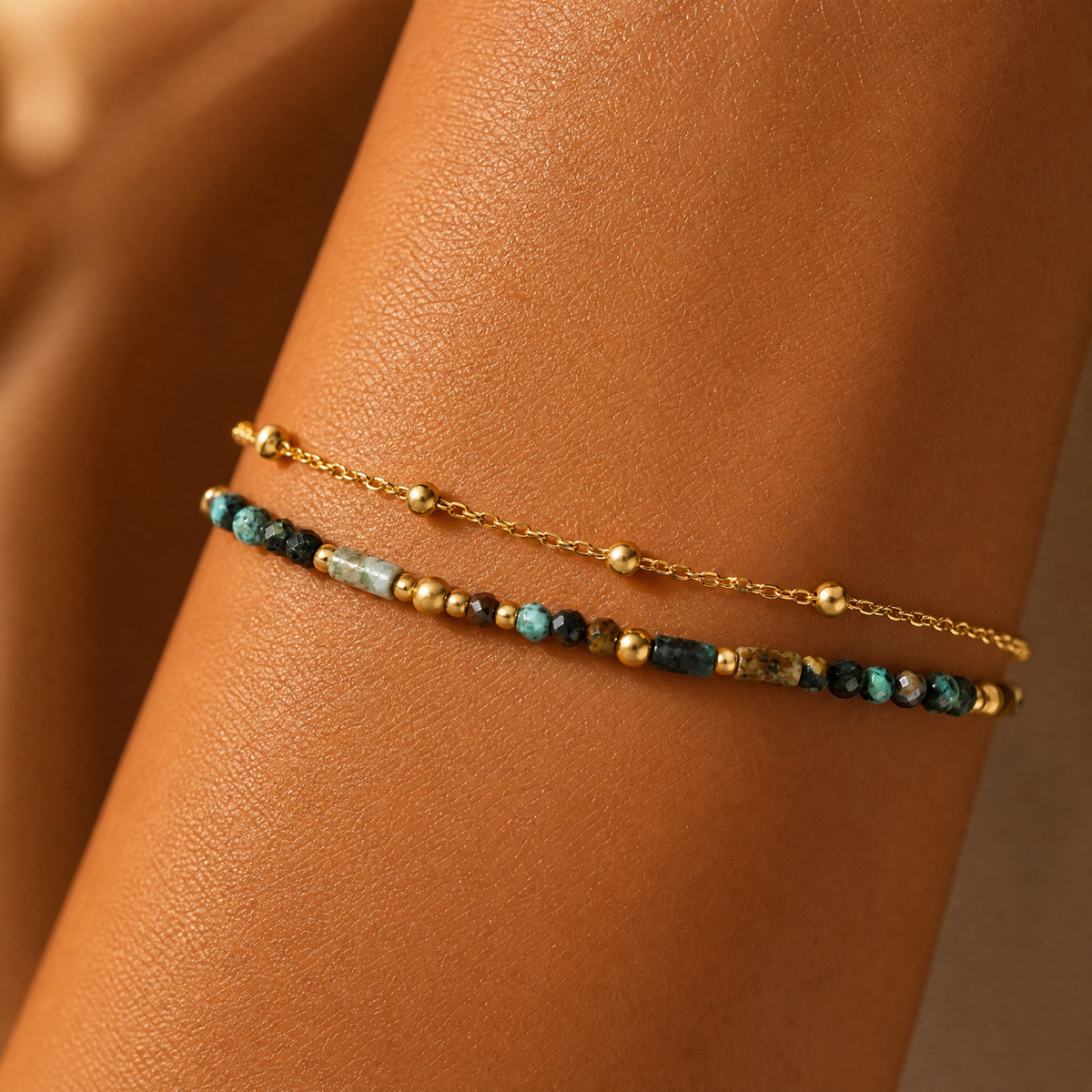 14K Gold Double Layer Beaded Boho Chain Bracelet
