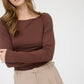 BOAT NECK LONG SLEEVE SOLID KNIT TOP: CHOCOLATE