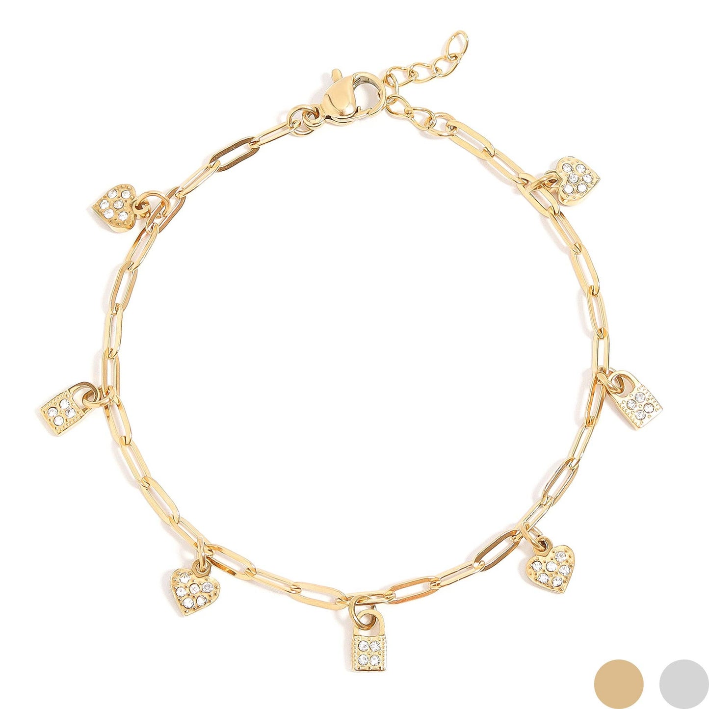 18K Gold PVD Stainless Steel Heart & Lock Charm Bracelet: Gold