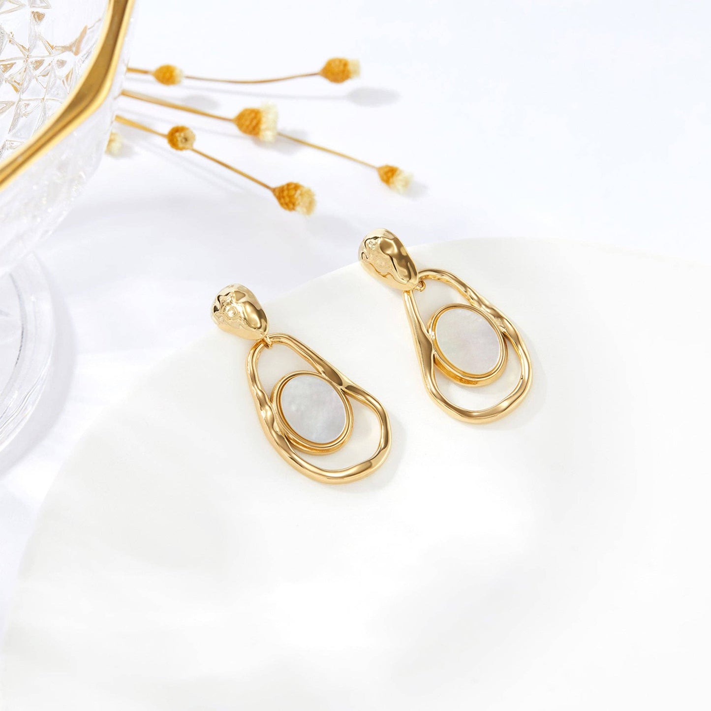 Organic Hammered Gold Mother of Pearl Drop Earrings