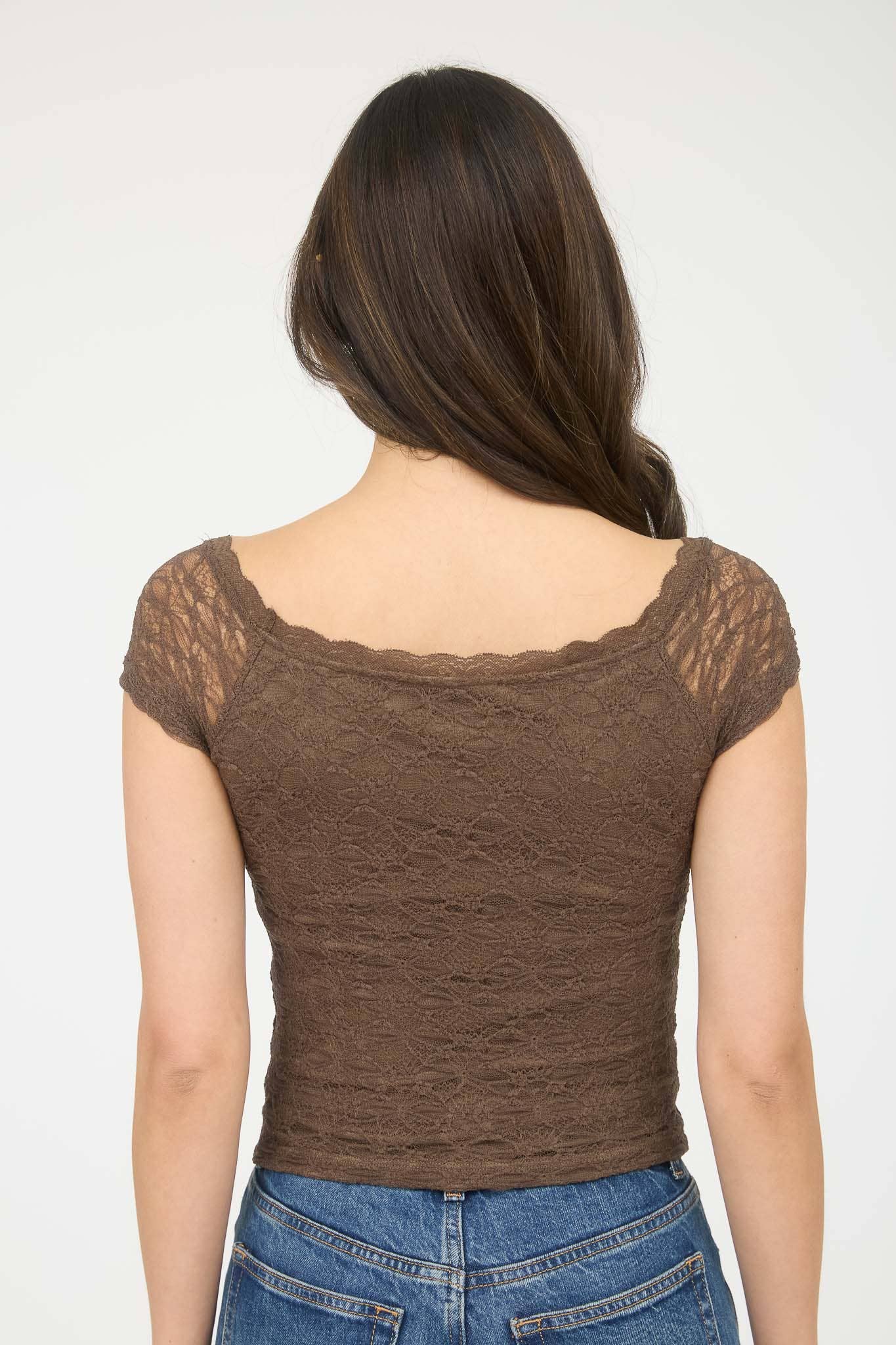 LACE FRONT BOW DETAIL SHORT SLEEVE KNIT TOP