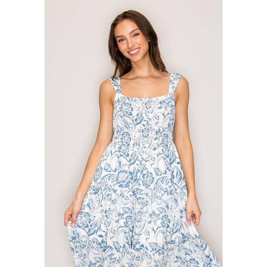 Seraphina Tiered Printed Woven Lined Midi Dress Ivory Blue