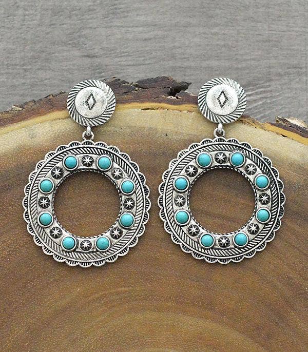 Western Concho Hoop Earrings: Turquoise
