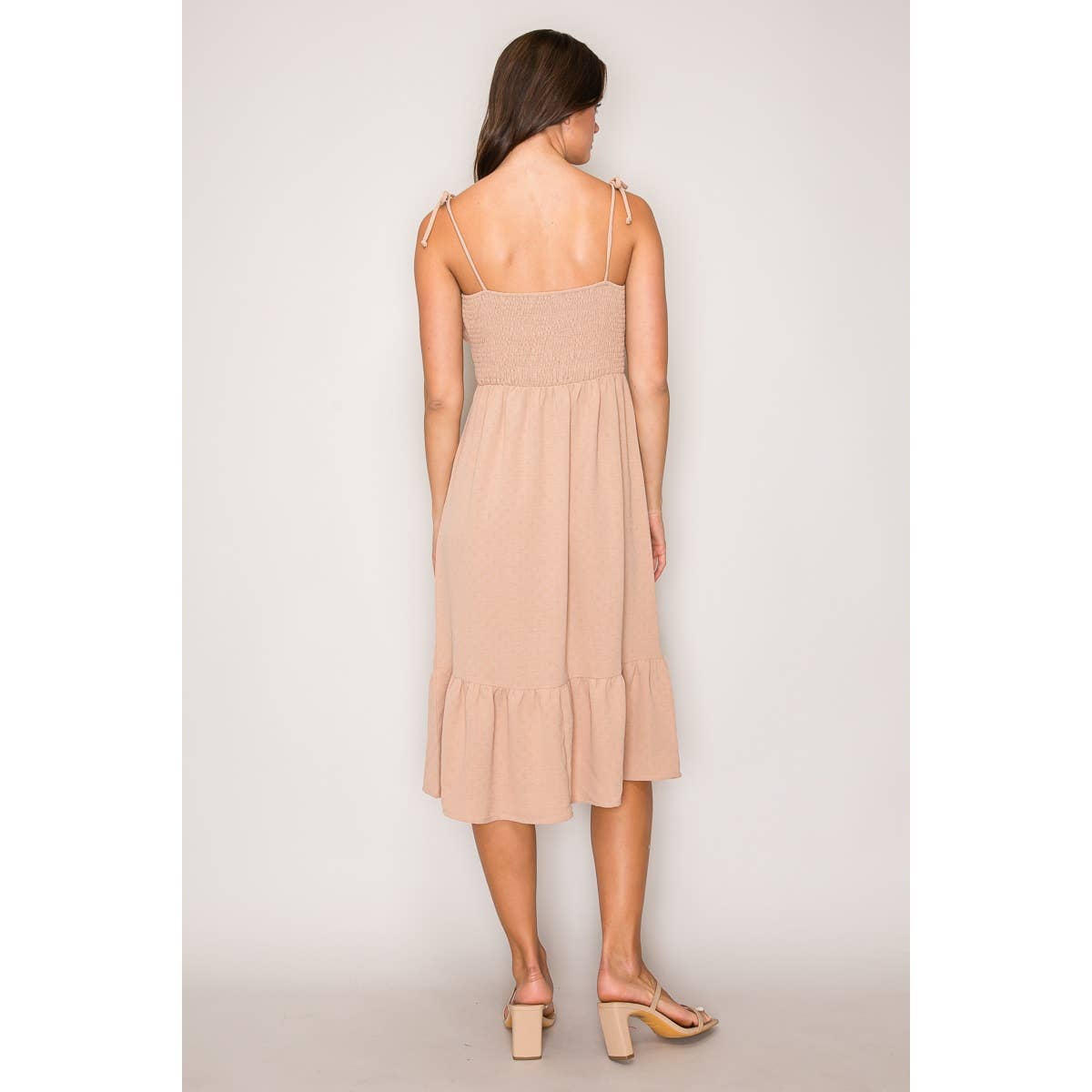 Spaghetti Strap Bow Tie Midi Dress with Ruffle: Taupe