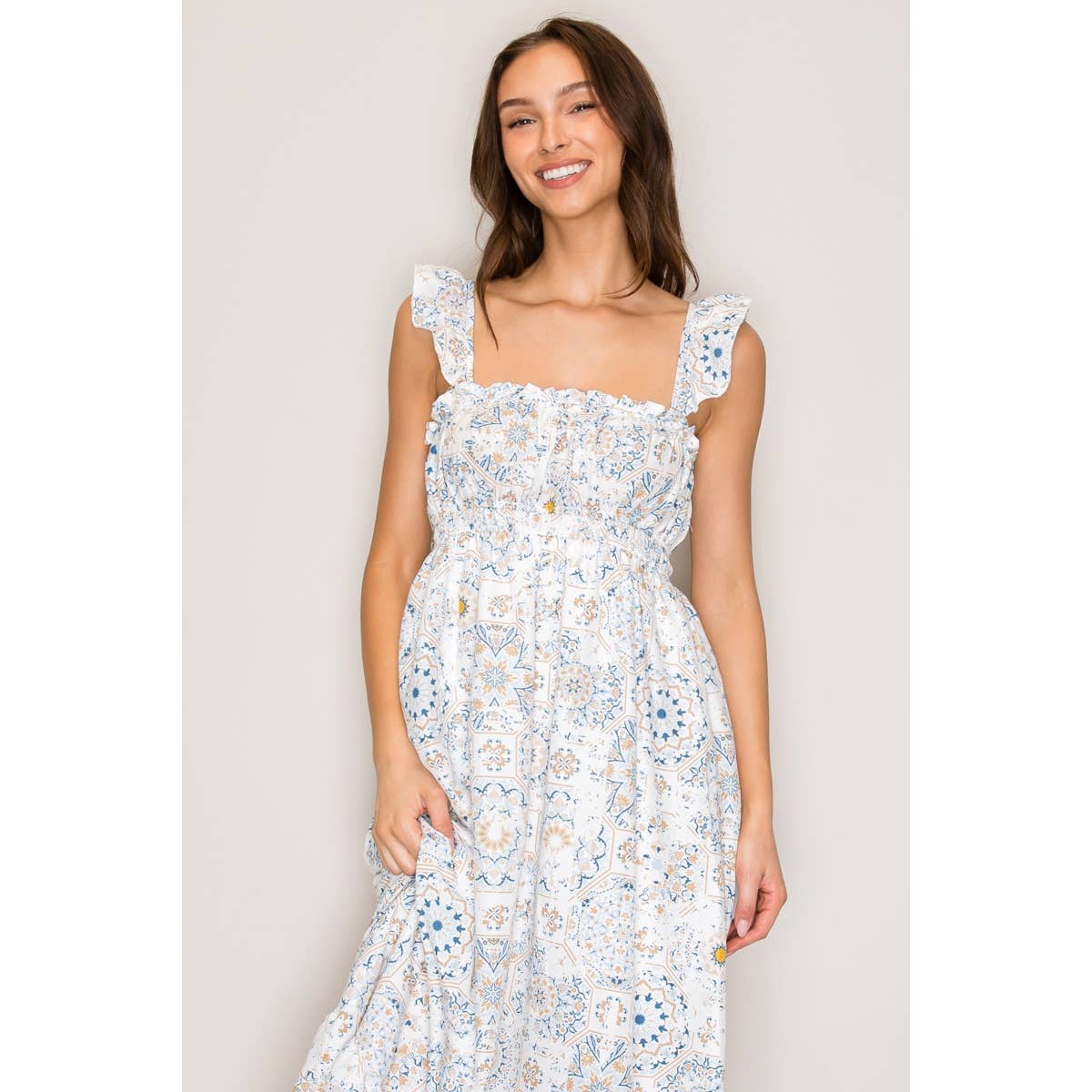 Reese Flutter Strap Woven Maxi Dress Wht/Blue/Taupe