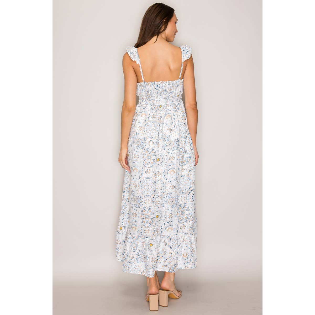 Reese Flutter Strap Woven Maxi Dress Wht/Blue/Taupe
