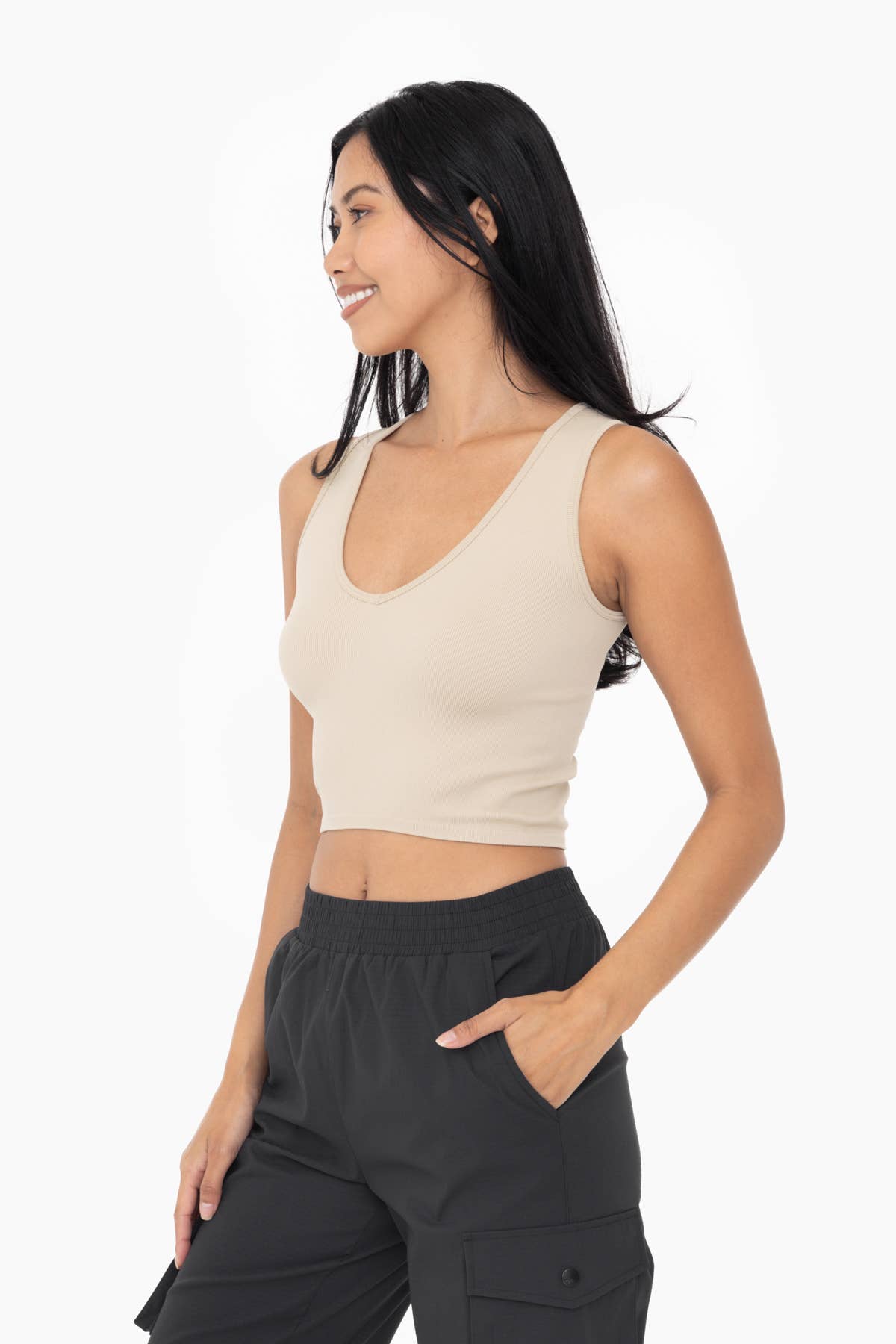 Seamless Ribbed V-Neck Crop Top: White / S:M:L