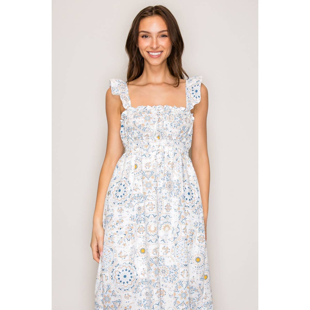 Reese Flutter Strap Woven Maxi Dress Wht/Blue/Taupe