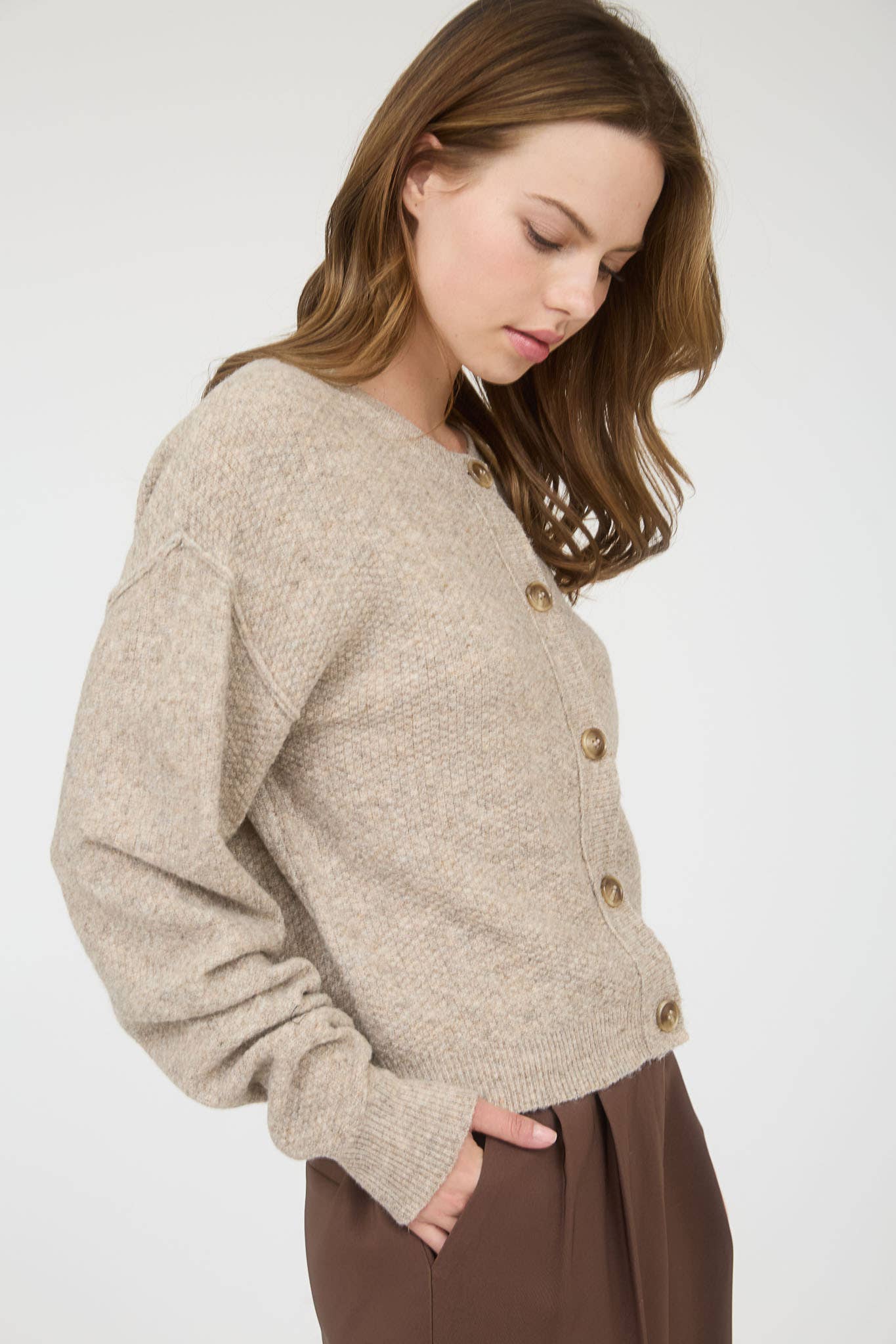 RIBBED TRIM BUTTON DOWN LONG SLEEVE KNIT CARDIGAN