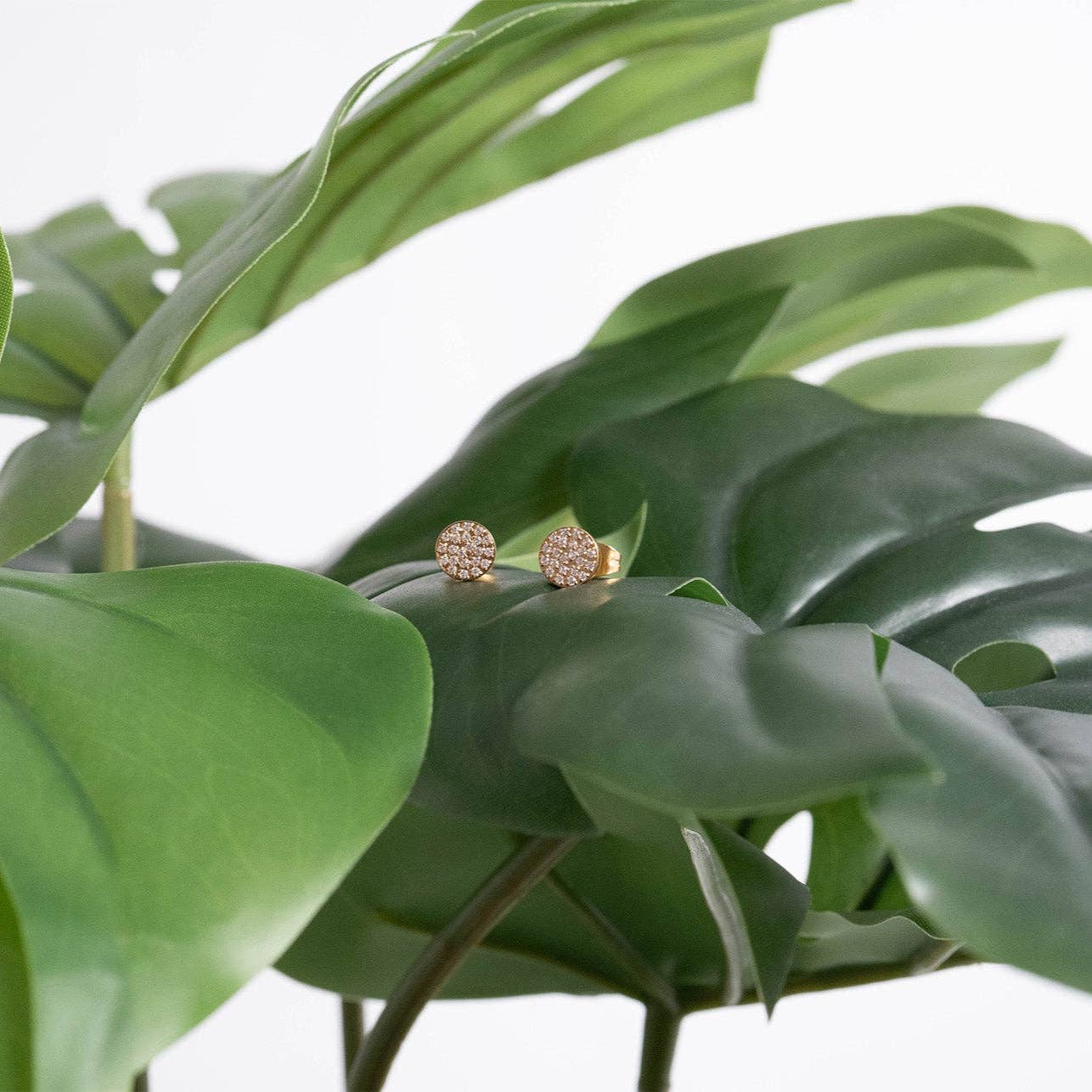 18K Gold PVD Stainless Steel Pave Stone Round Stud Earrings: Stainless