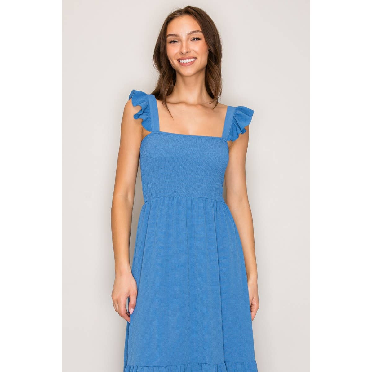 Denim Blue Flutter Strap Smocked Woven Maxi Dress
