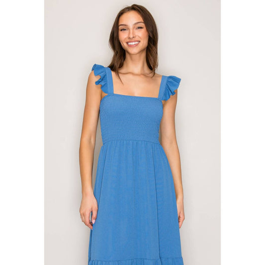 Denim Blue Flutter Strap Smocked Woven Maxi Dress
