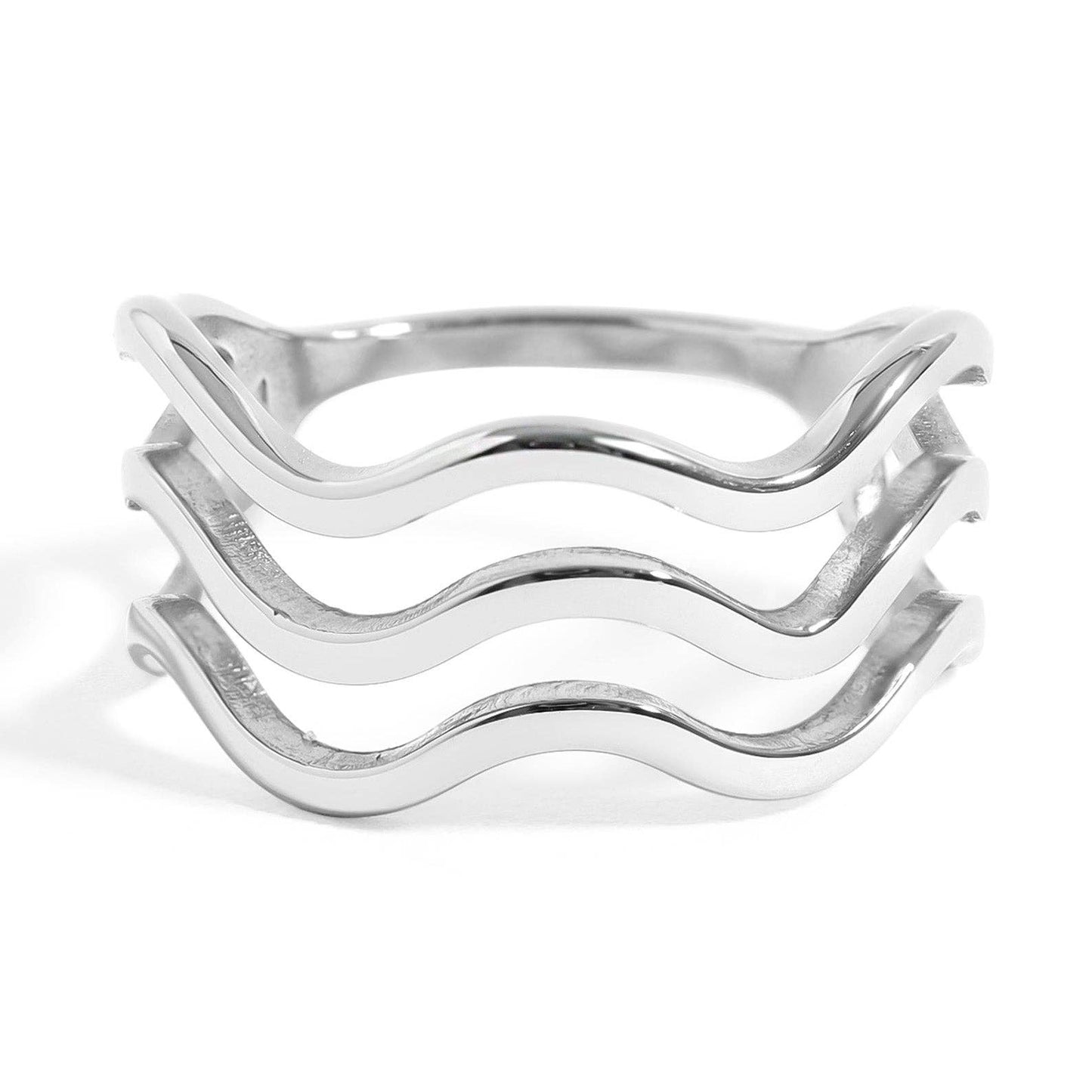 18K Gold PVD Stainless Steel Triple Wave Geometric Ring: Gold or Silver