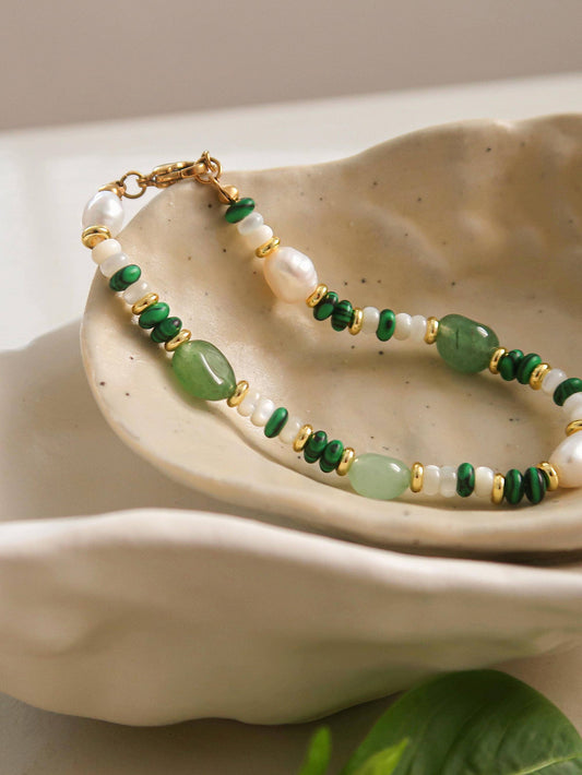 Jade 18K Non-Tarnish Bohemian Stone and Bead Bracelet: Faye-Green
