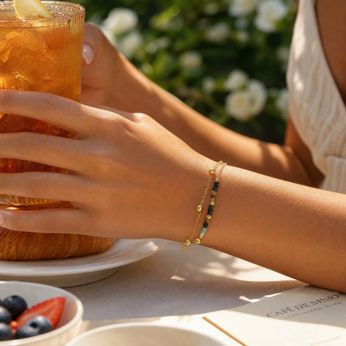 14K Gold Double Layer Beaded Boho Chain Bracelet