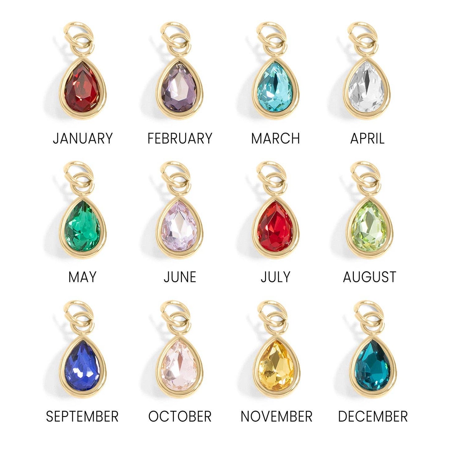 18K Gold PVD Teardrop Birthstone Charm: January-December