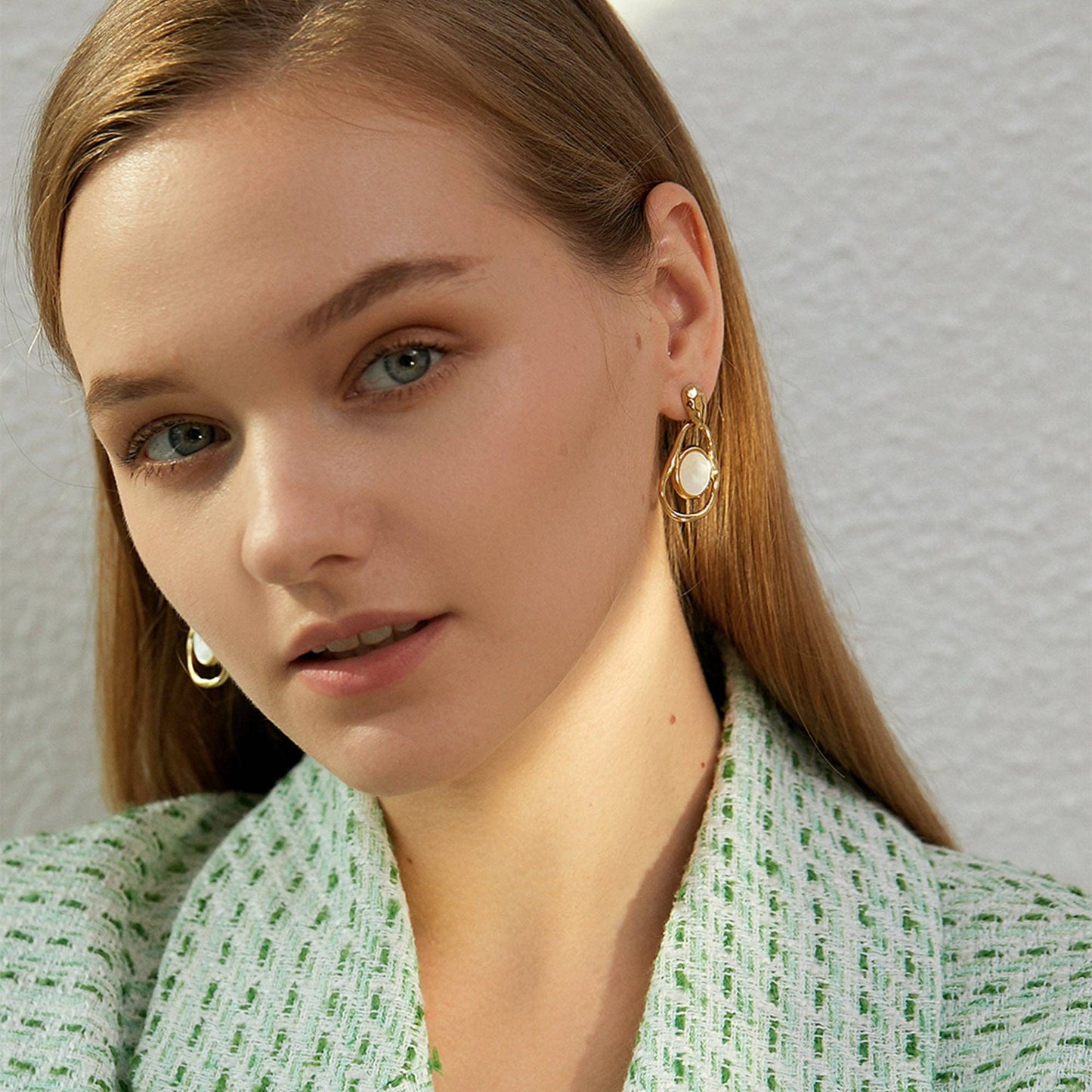 Organic Hammered Gold Mother of Pearl Drop Earrings