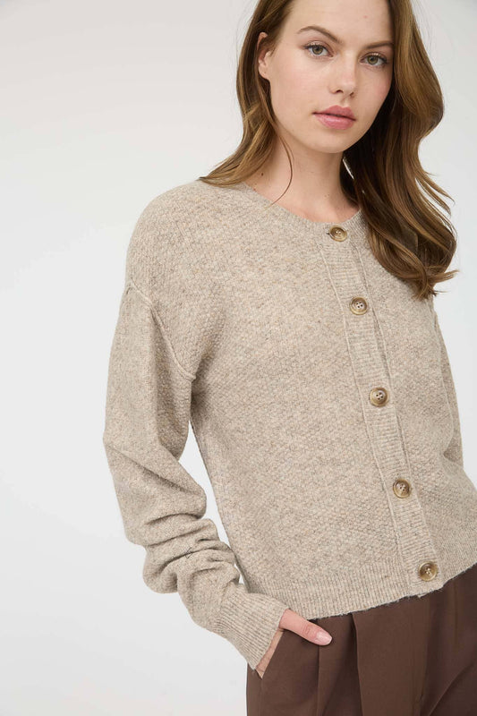 RIBBED TRIM BUTTON DOWN LONG SLEEVE KNIT CARDIGAN