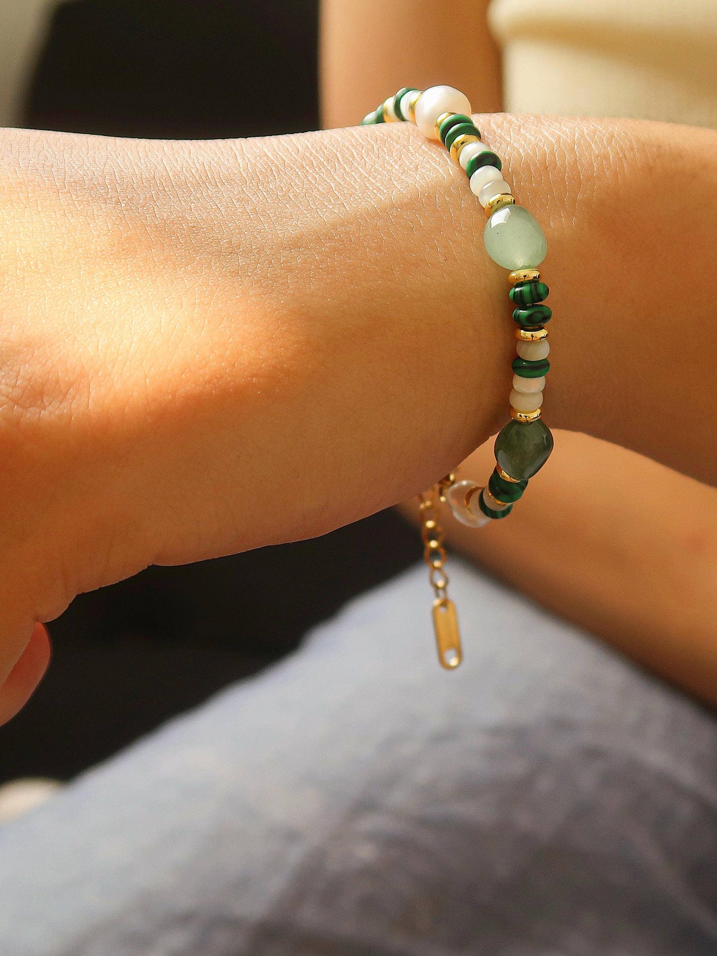 Jade 18K Non-Tarnish Bohemian Stone and Bead Bracelet: Faye-Green
