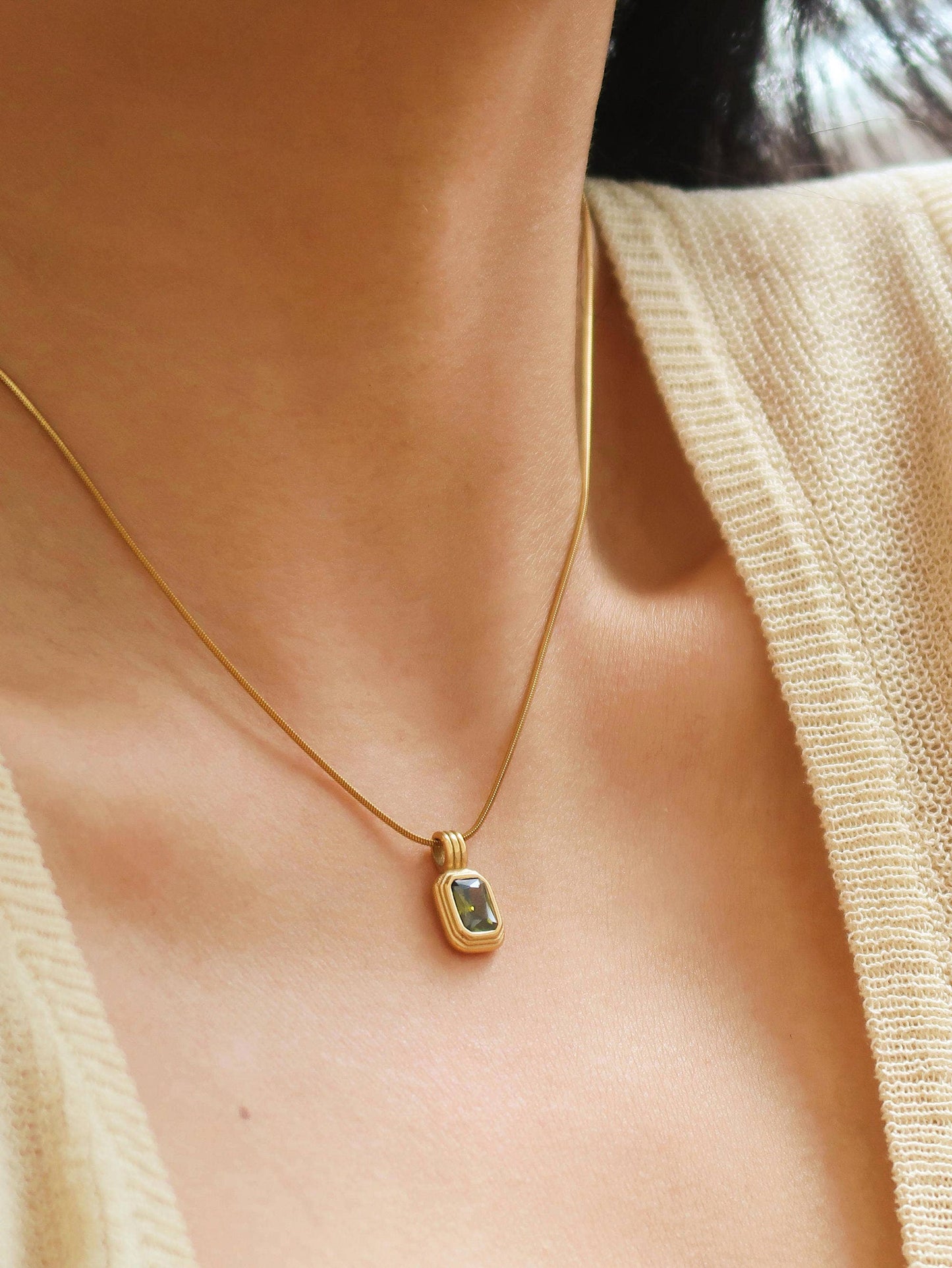 Maeve 18K PVD Non-Tarnish Green Square Stone Pendant: Green