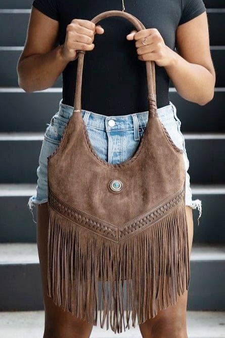 EJ60273SU Faux Suede Western Fringe Tote Bag: