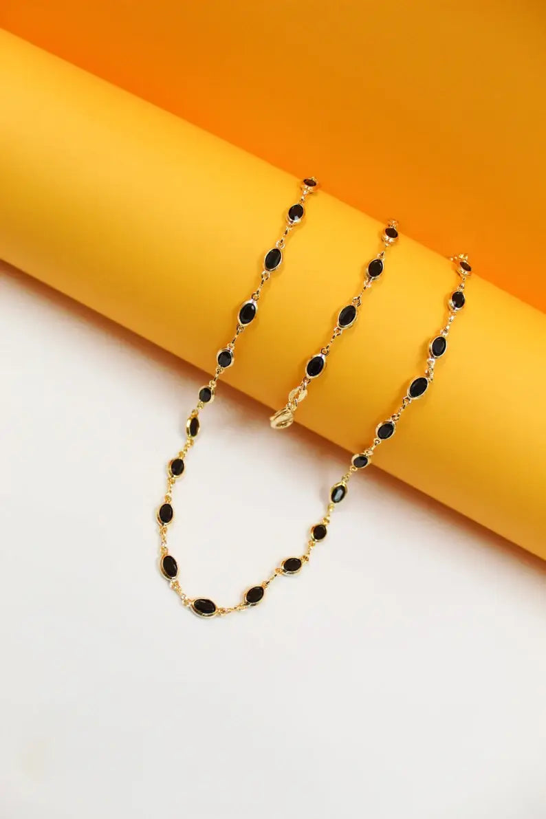 Valentina 18K Gold Filled Link Black Stone Necklace (F114A)
