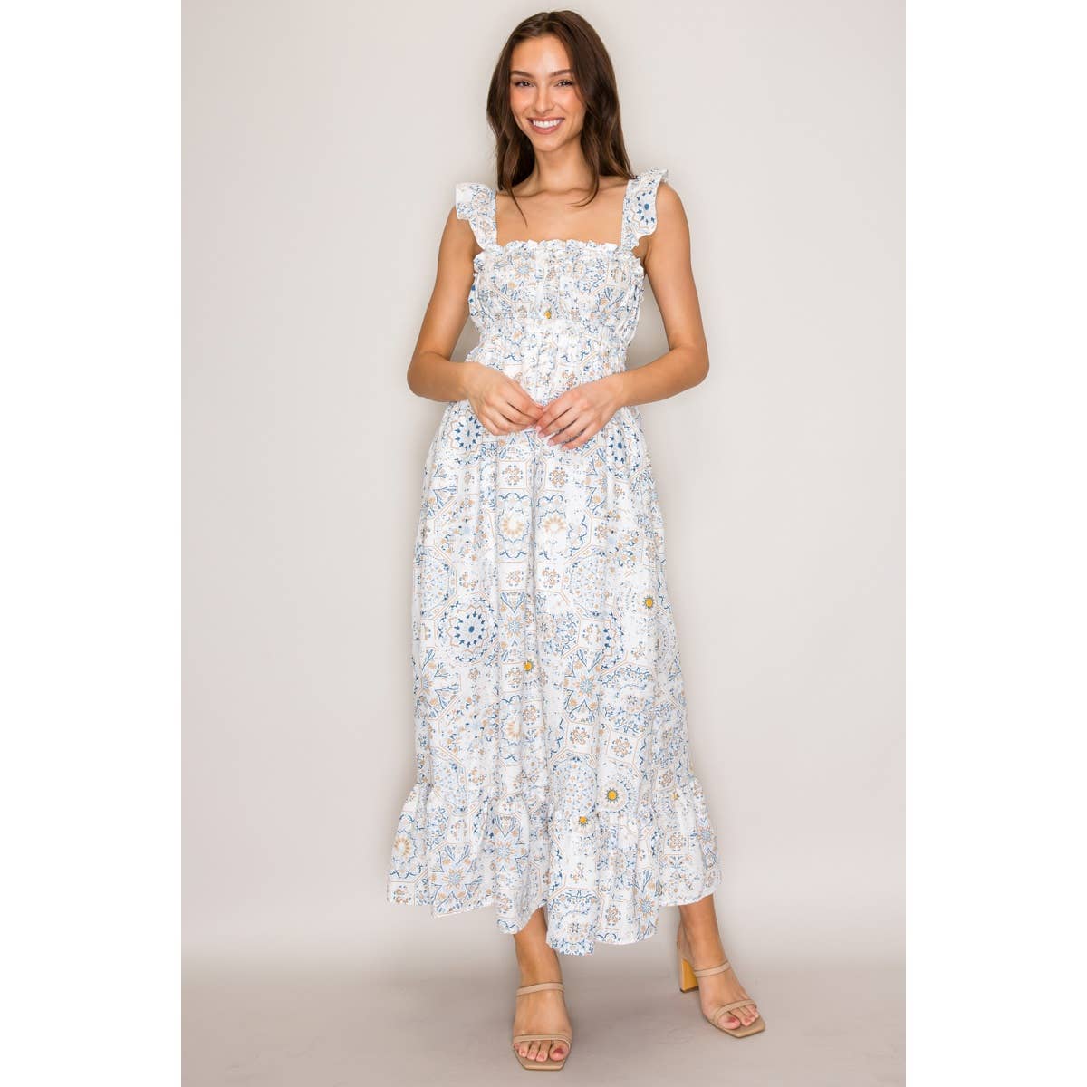 Reese Flutter Strap Woven Maxi Dress Wht/Blue/Taupe