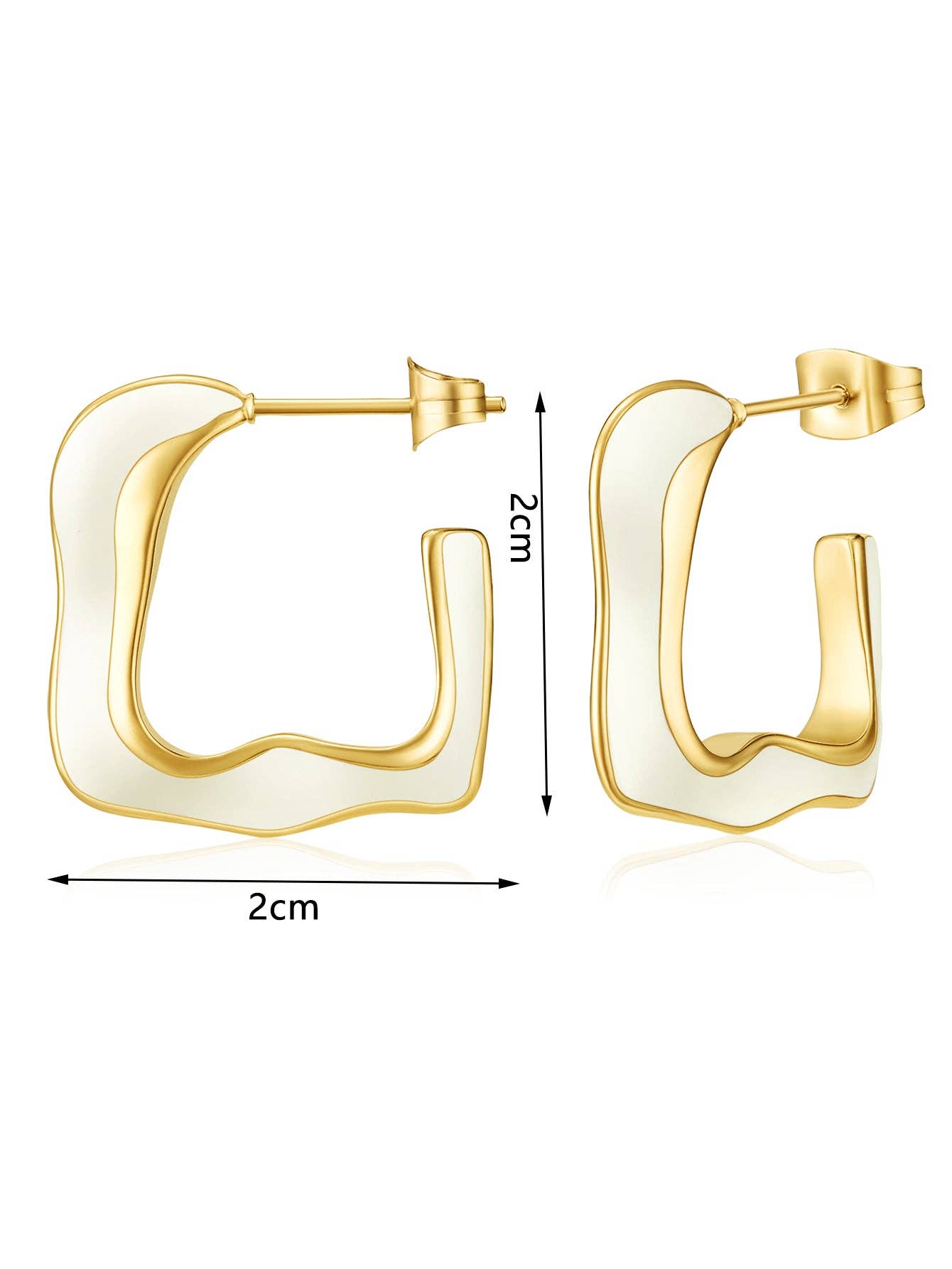 Abstract Wavy White Enamel Gold Square Hoop Earrings