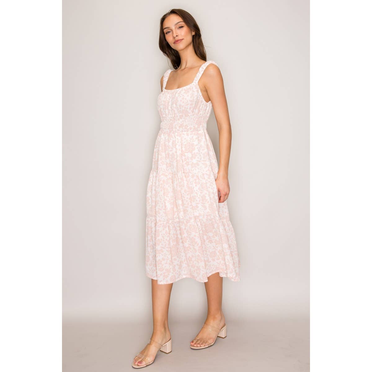 Seraphina Tiered Printed Woven Lined Midi Dress Ivory/Pink