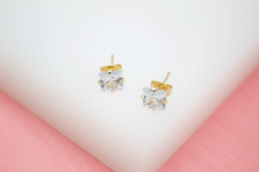 Diamond 18K Gold Filled Square CZ  Stud Earrings (L138)